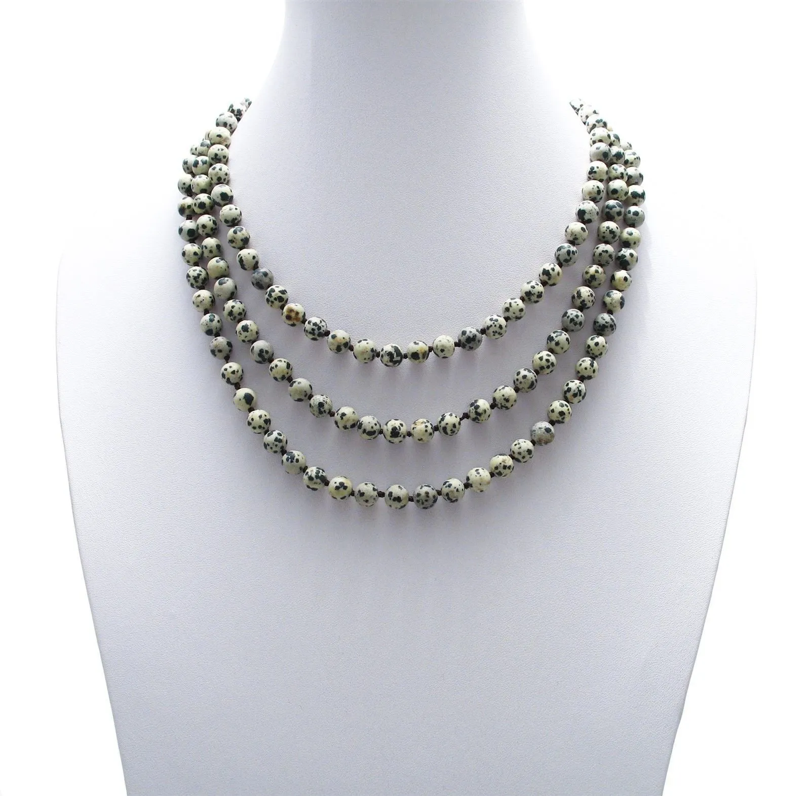 Dazzling Genuine Dalmatian Jasper 60" Bead Necklace with 9mm Beads.