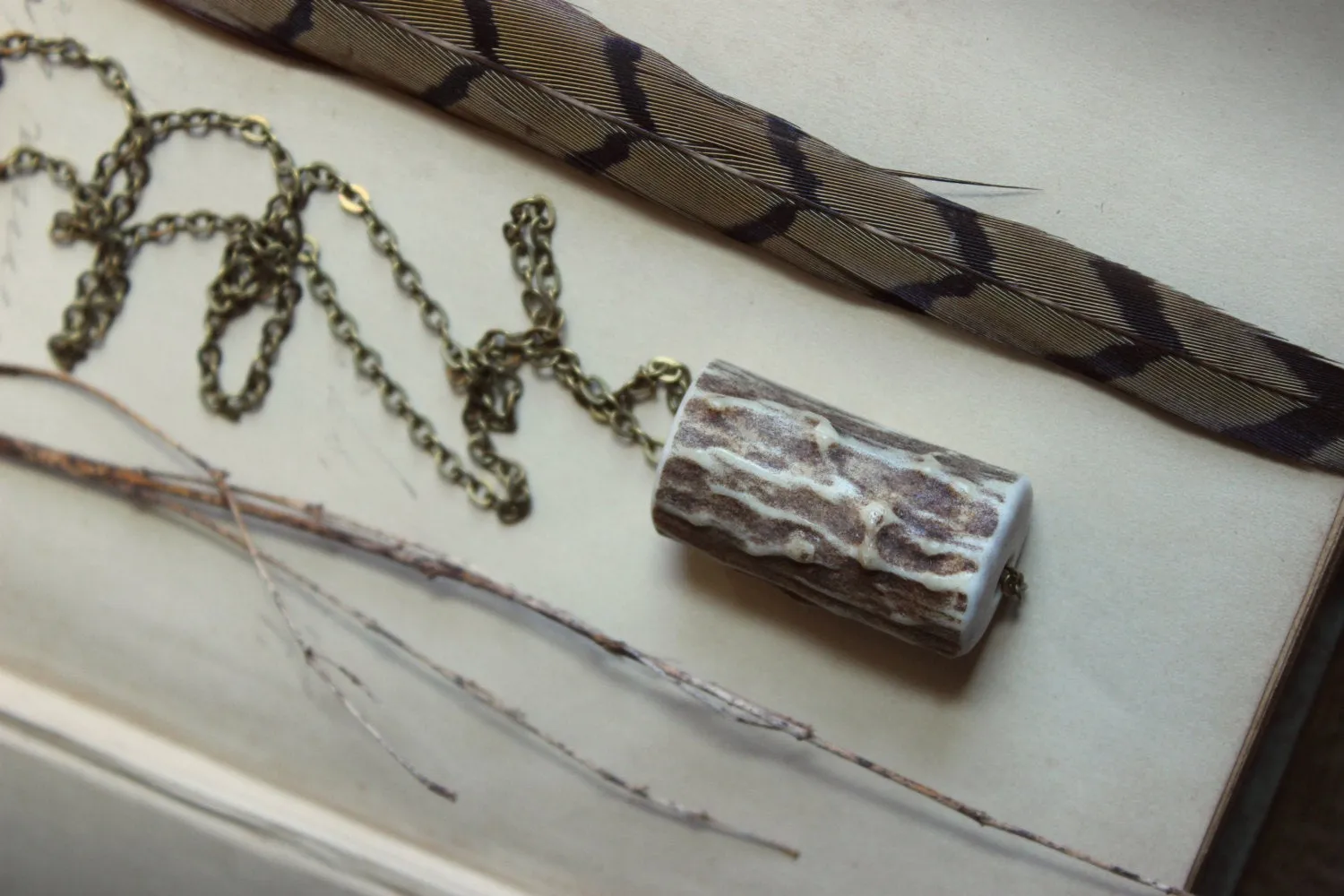 Deerheart. Rustic Fallen Deer Antler & Antiqued Brass Necklace.