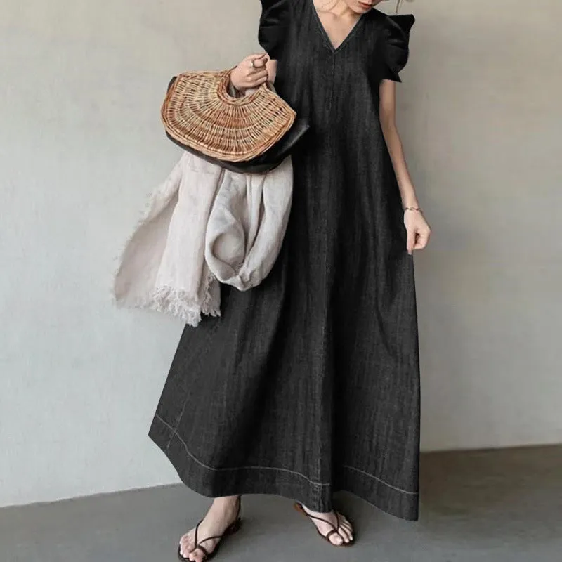 Denim Solid Color V-neck Bohemian Loose Large Size Long Dress