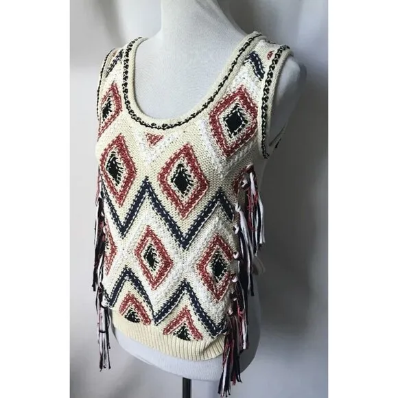 DEREK LAM 10 CROSBY IVORY SLEEVELESS EMBROIDERED SWEATER Vest Tassels Size S