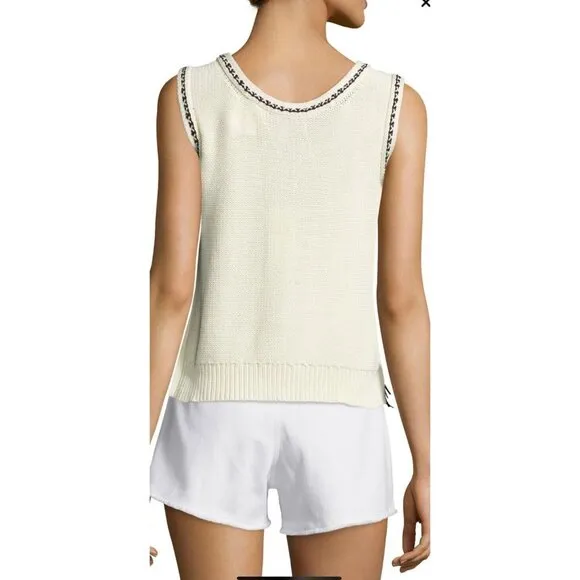DEREK LAM 10 CROSBY IVORY SLEEVELESS EMBROIDERED SWEATER Vest Tassels Size S