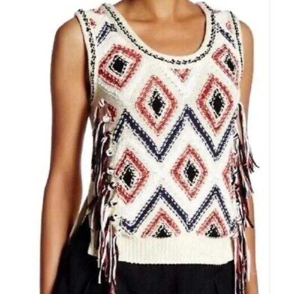 DEREK LAM 10 CROSBY IVORY SLEEVELESS EMBROIDERED SWEATER Vest Tassels Size S