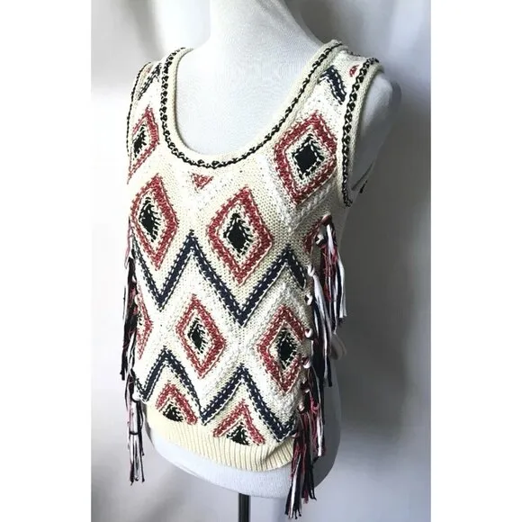 DEREK LAM 10 CROSBY IVORY SLEEVELESS EMBROIDERED SWEATER Vest Tassels Size S