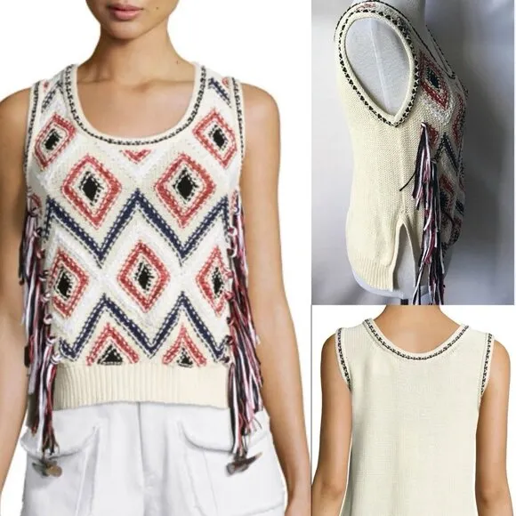 DEREK LAM 10 CROSBY IVORY SLEEVELESS EMBROIDERED SWEATER Vest Tassels Size S