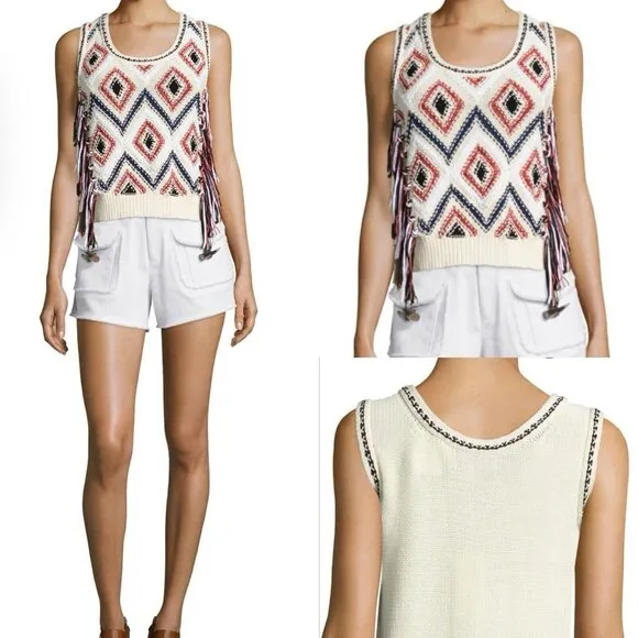 DEREK LAM 10 CROSBY IVORY SLEEVELESS EMBROIDERED SWEATER Vest Tassels Size S