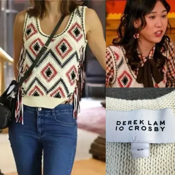 DEREK LAM 10 CROSBY IVORY SLEEVELESS EMBROIDERED SWEATER Vest Tassels Size S