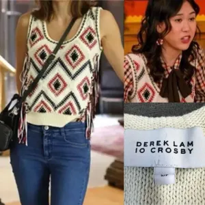 DEREK LAM 10 CROSBY IVORY SLEEVELESS EMBROIDERED SWEATER Vest Tassels Size S