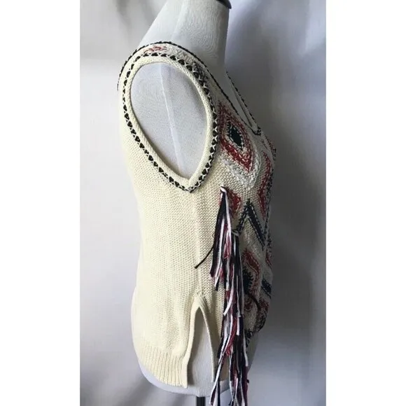 DEREK LAM 10 CROSBY IVORY SLEEVELESS EMBROIDERED SWEATER Vest Tassels Size S