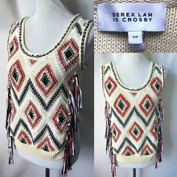 DEREK LAM 10 CROSBY IVORY SLEEVELESS EMBROIDERED SWEATER Vest Tassels Size S