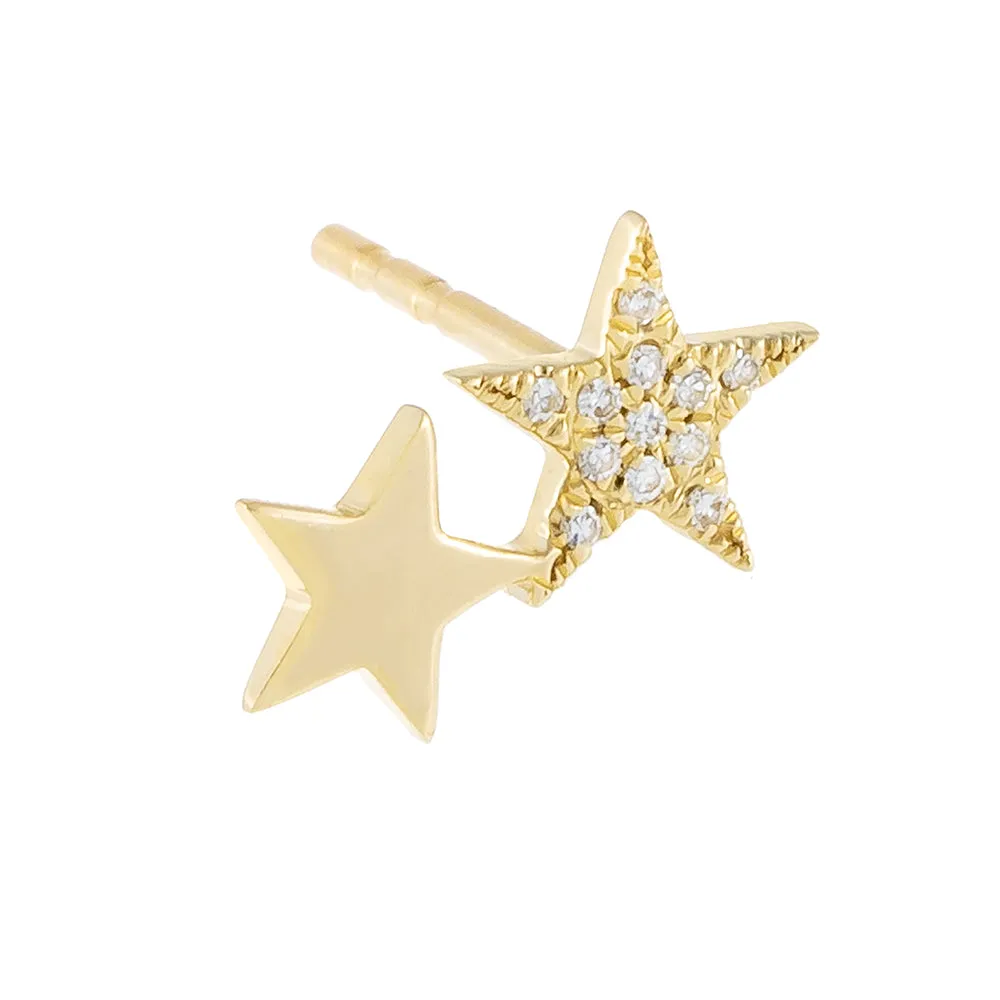 Diamond X Solid Double Star Stud Earring 14K
