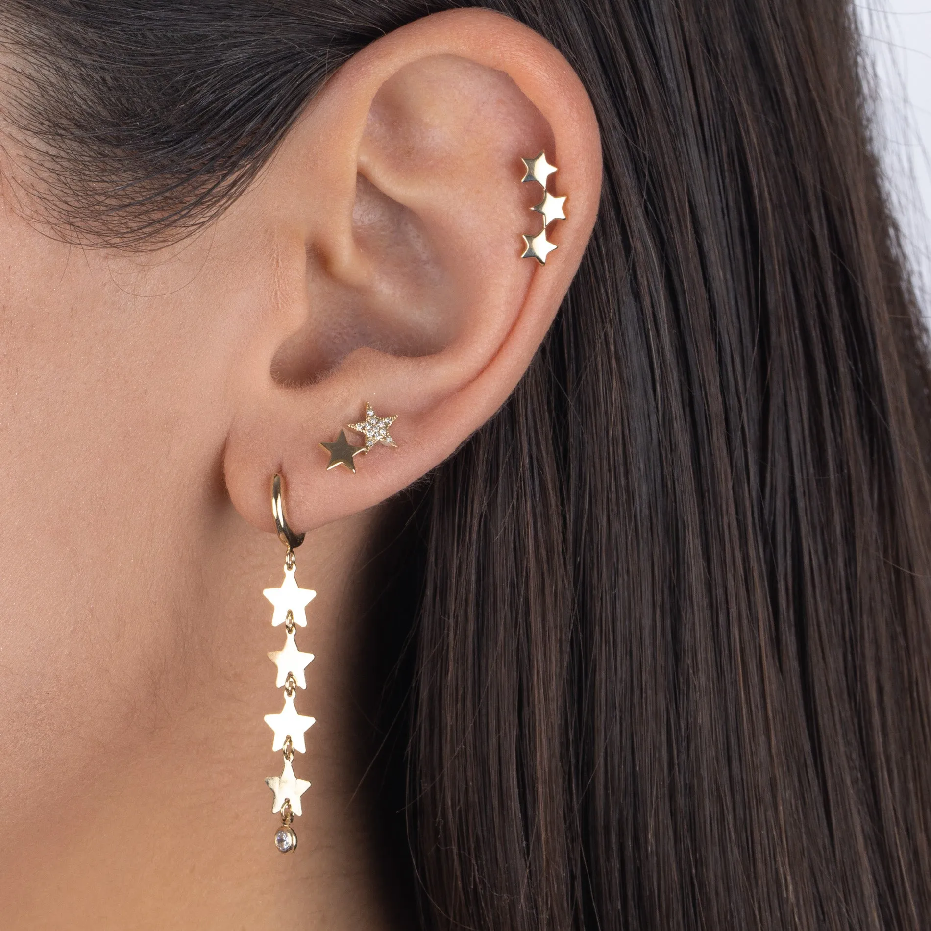 Diamond X Solid Double Star Stud Earring 14K