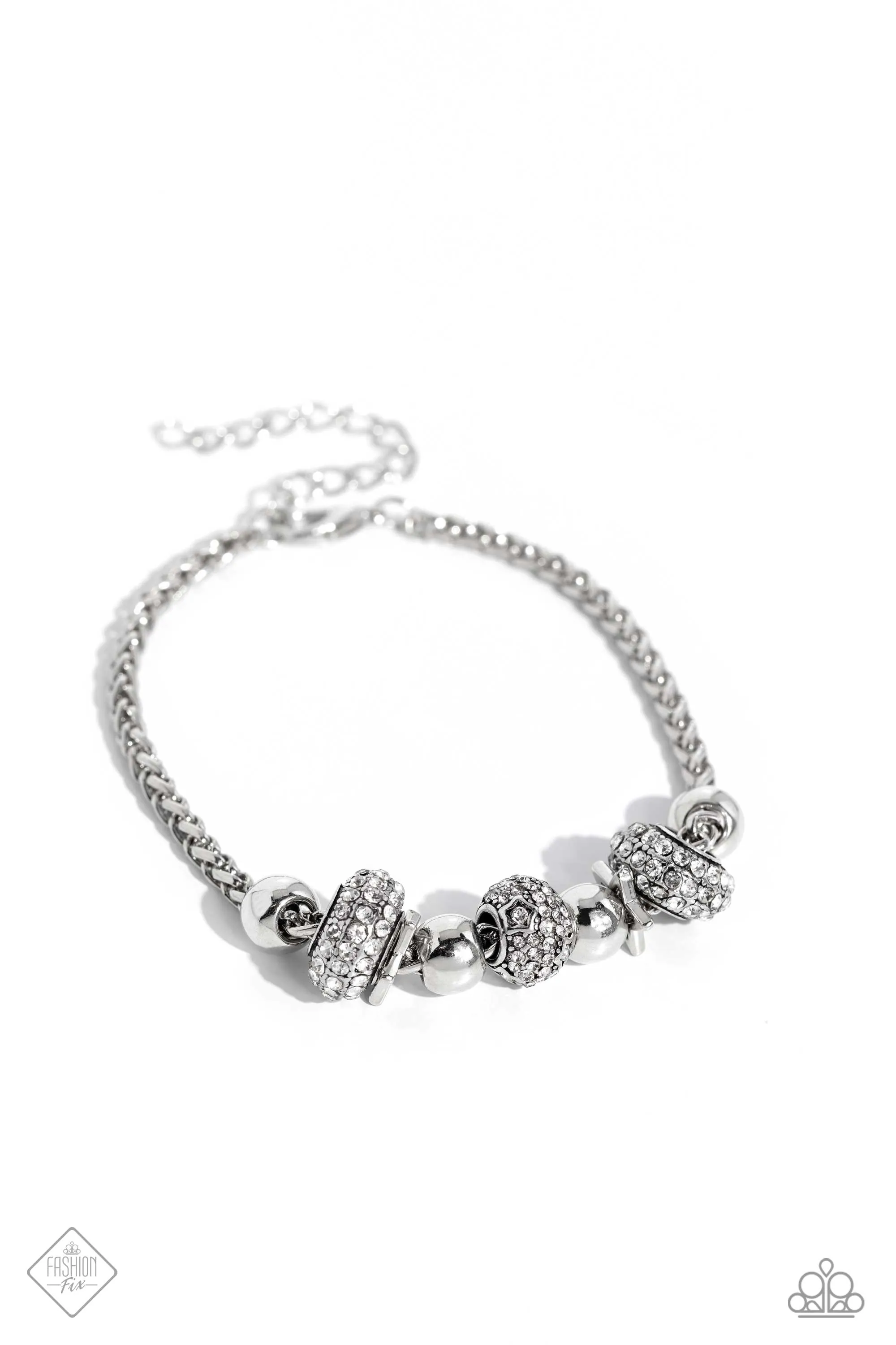 Draped Dedication - White - Rhinestone Encrusted Bead Silver Star Paparazzi Lobster Claw Bracelet - October 2023 Magnificent Musings