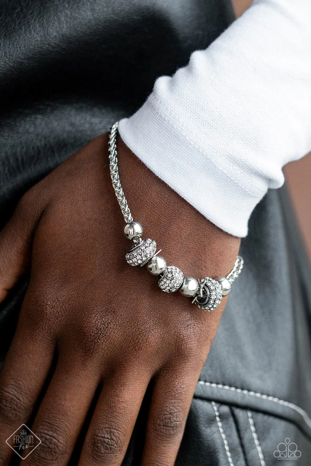 Draped Dedication - White - Rhinestone Encrusted Bead Silver Star Paparazzi Lobster Claw Bracelet - October 2023 Magnificent Musings