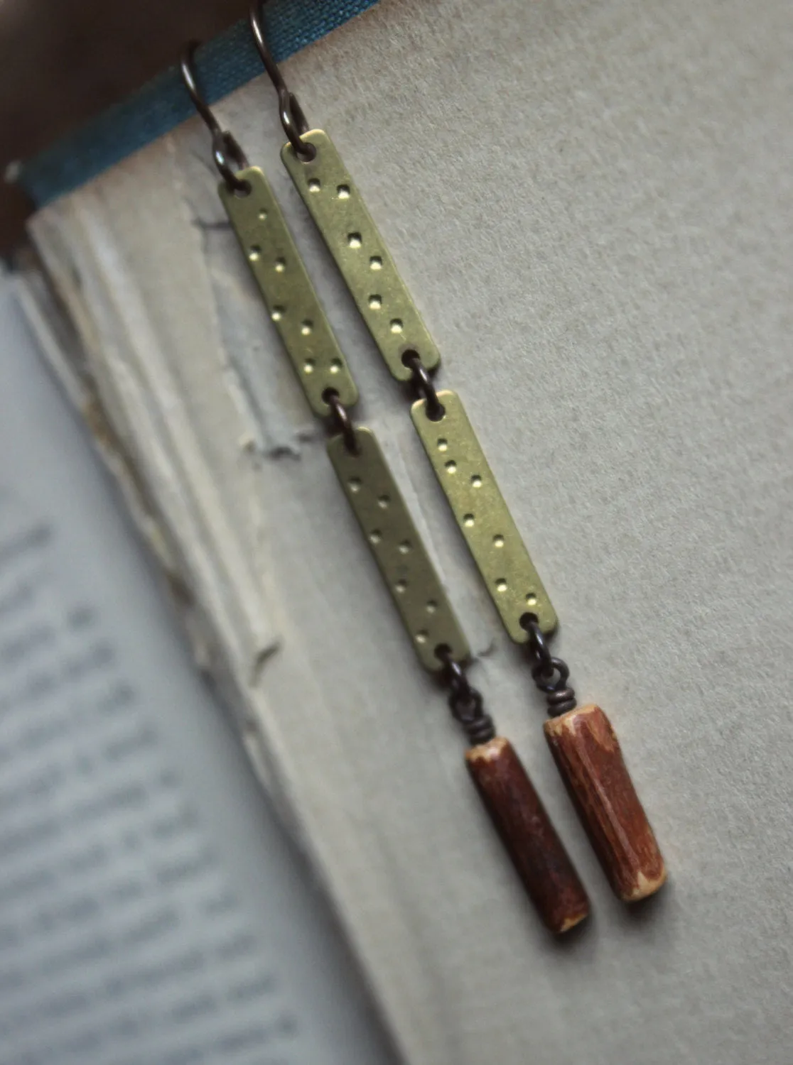 Driftwood. Rustic Branch Bead & Textured Brass Earrings.