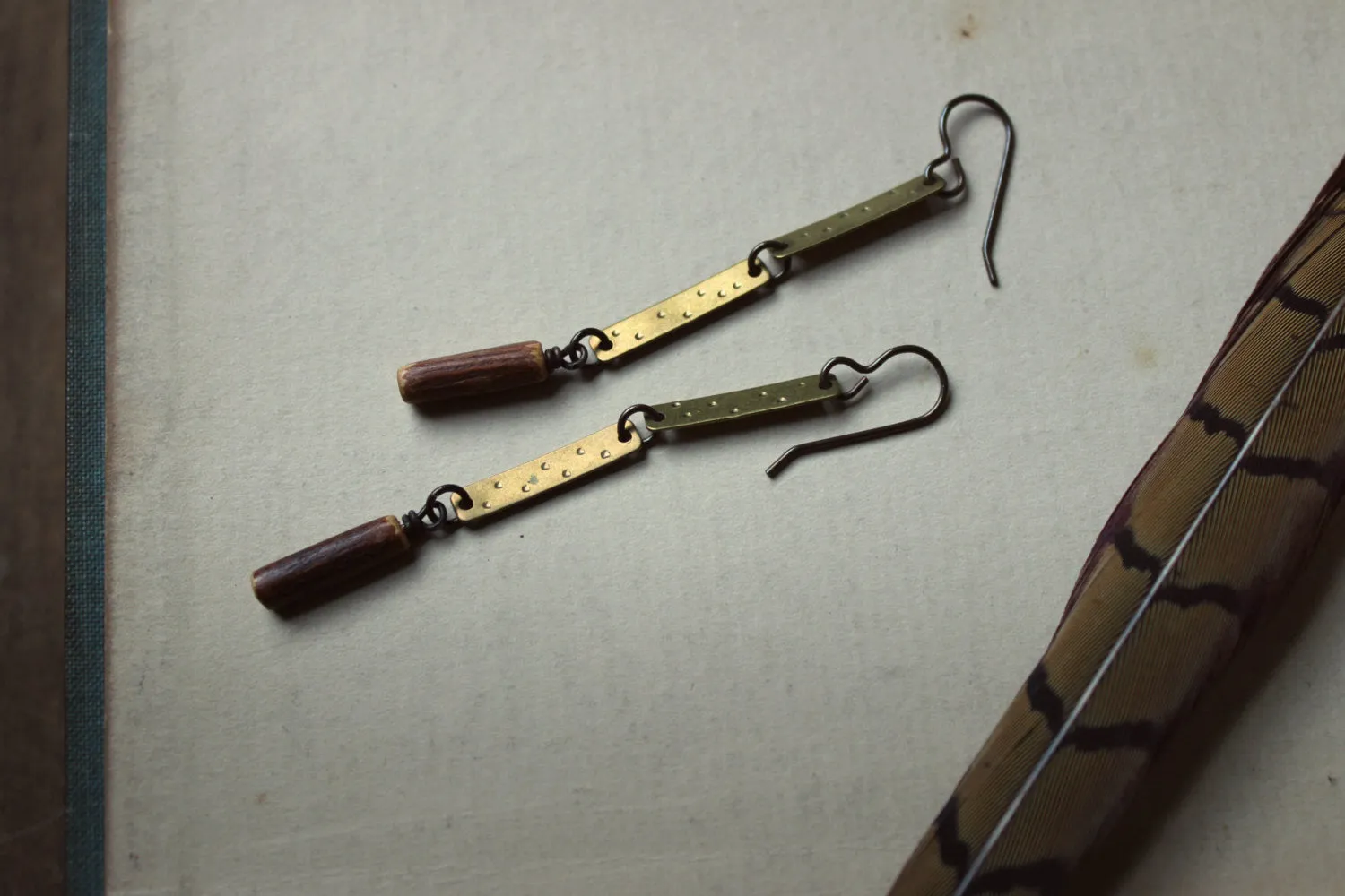 Driftwood. Rustic Branch Bead & Textured Brass Earrings.