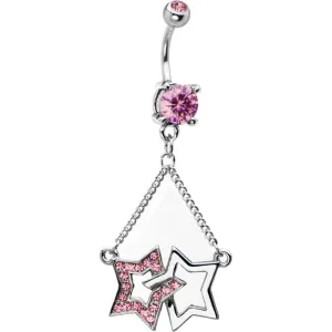 Dual Star Pink Cubic Zirconia Dangle Chain Belly Ring