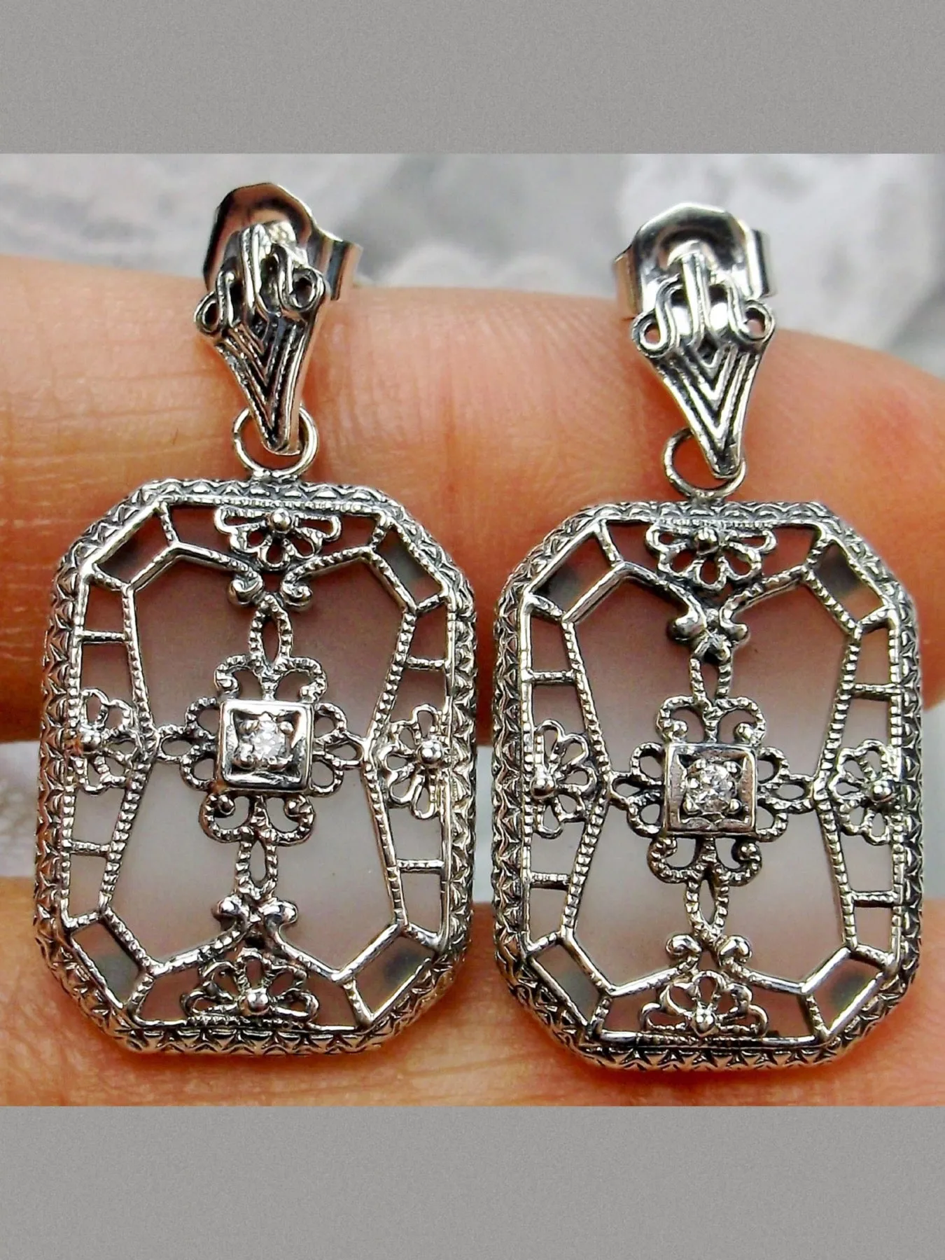E203, Stained-Glass Earrings, Art Deco Earrings with Inset Gem, 1930's Revival Jewelry #E203