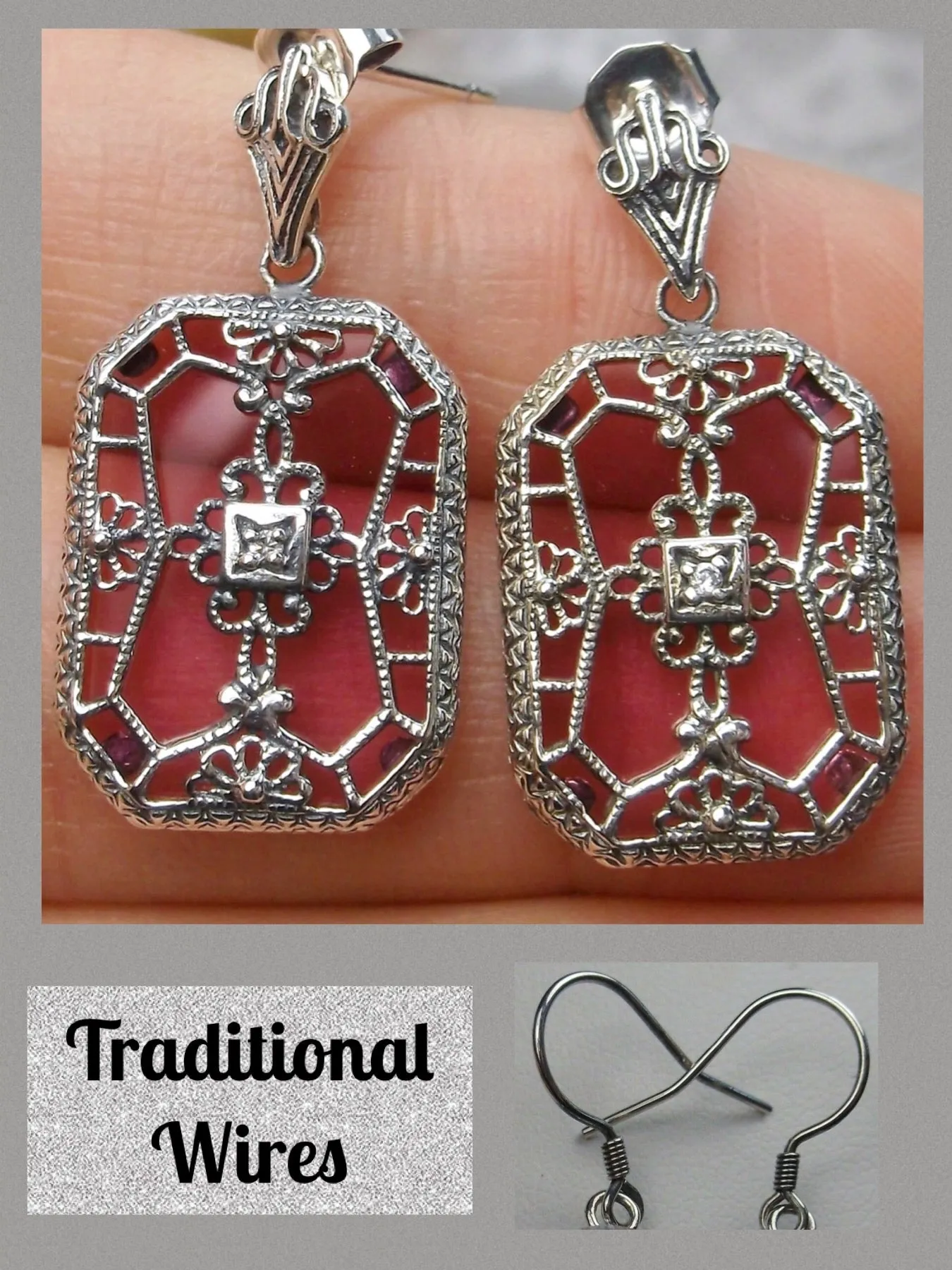E203, Stained-Glass Earrings, Art Deco Earrings with Inset Gem, 1930's Revival Jewelry #E203