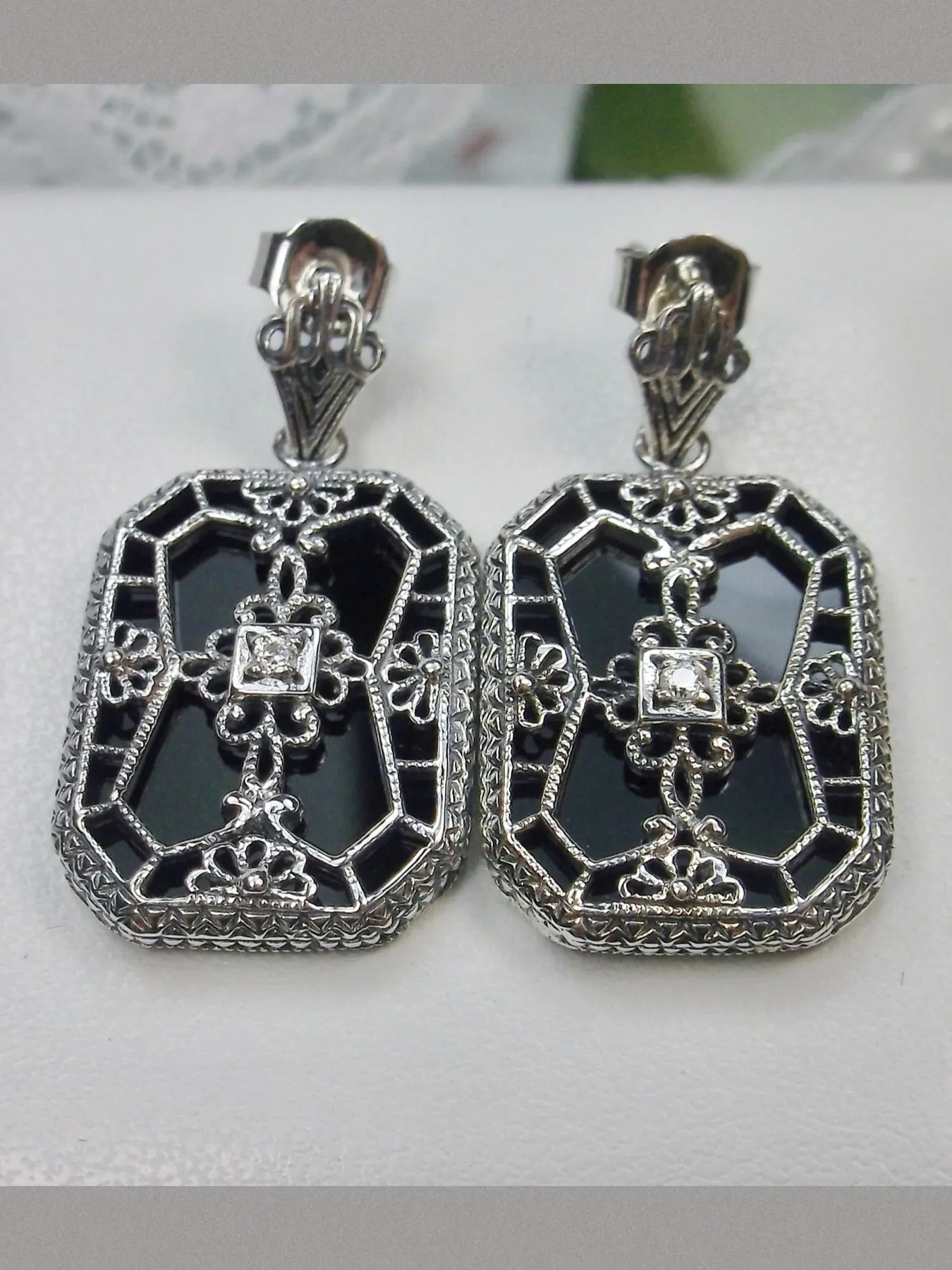 E203, Stained-Glass Earrings, Art Deco Earrings with Inset Gem, 1930's Revival Jewelry #E203
