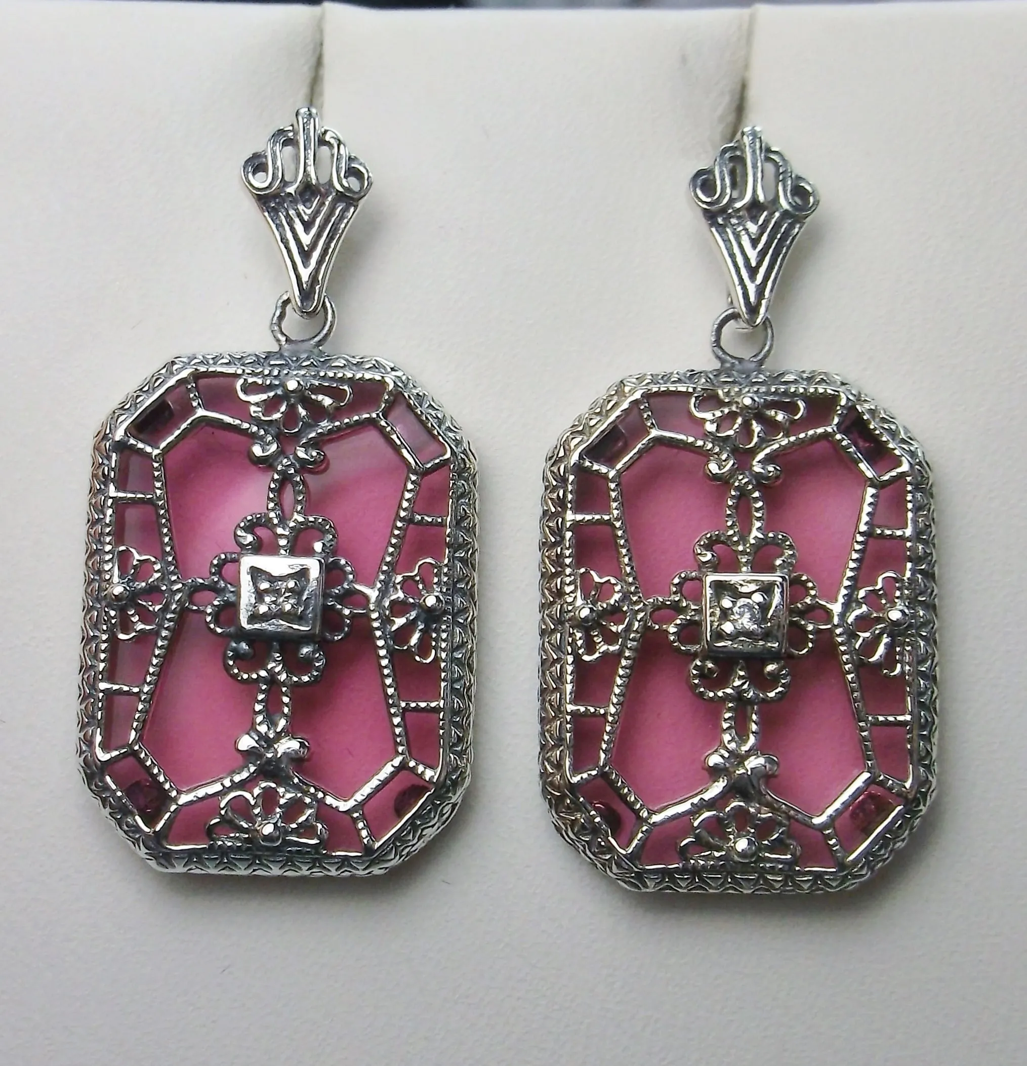 E203, Stained-Glass Earrings, Art Deco Earrings with Inset Gem, 1930's Revival Jewelry #E203