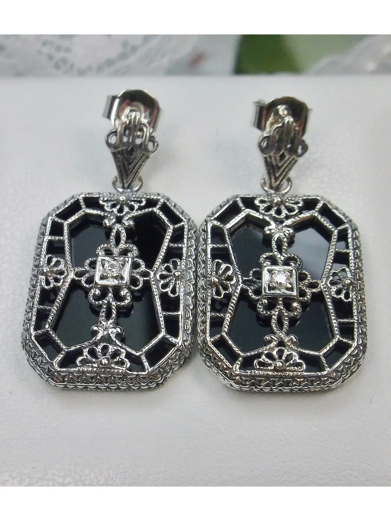 E203, Stained-Glass Earrings, Art Deco Earrings with Inset Gem, 1930's Revival Jewelry #E203