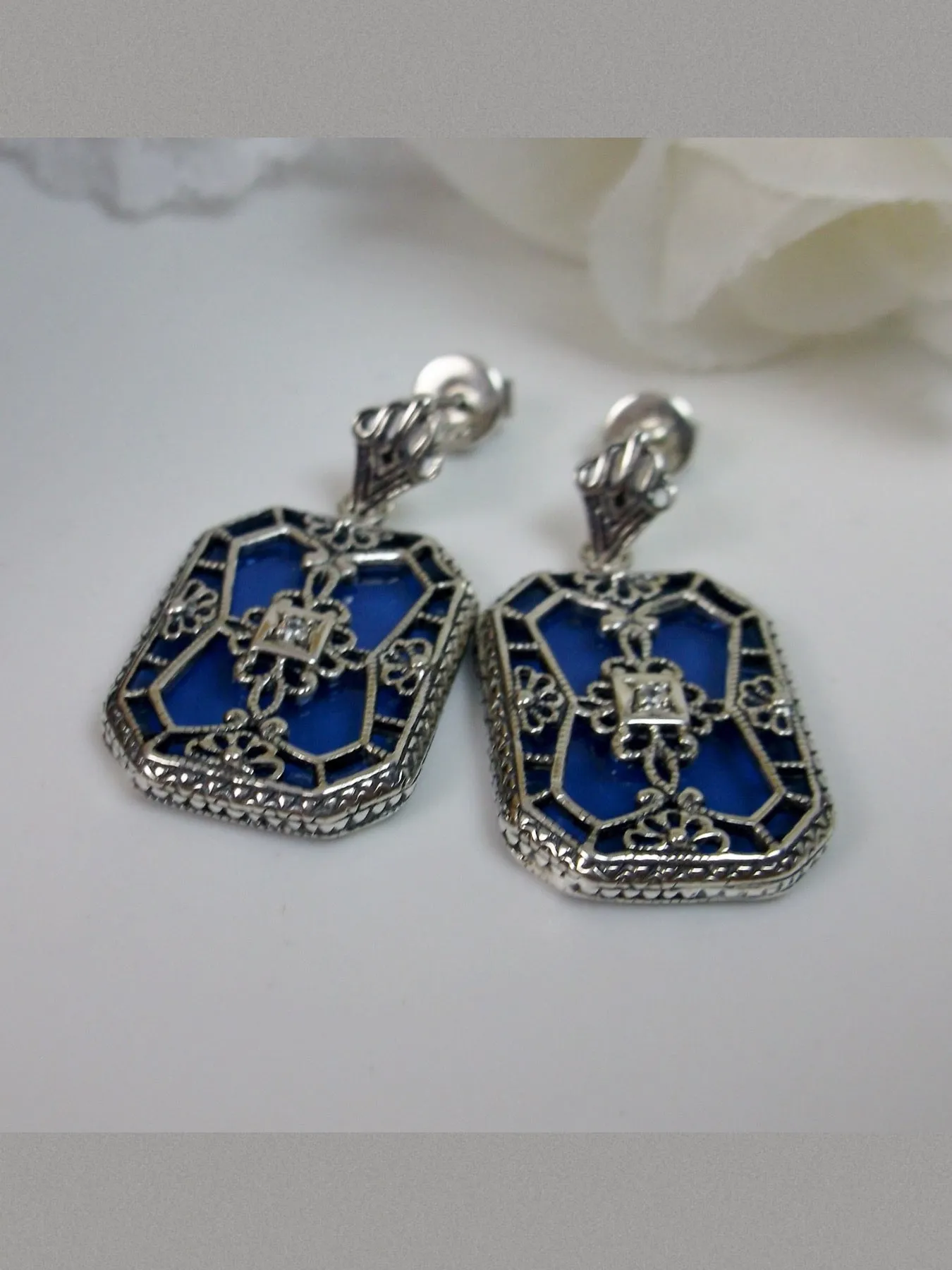 E203, Stained-Glass Earrings, Art Deco Earrings with Inset Gem, 1930's Revival Jewelry #E203