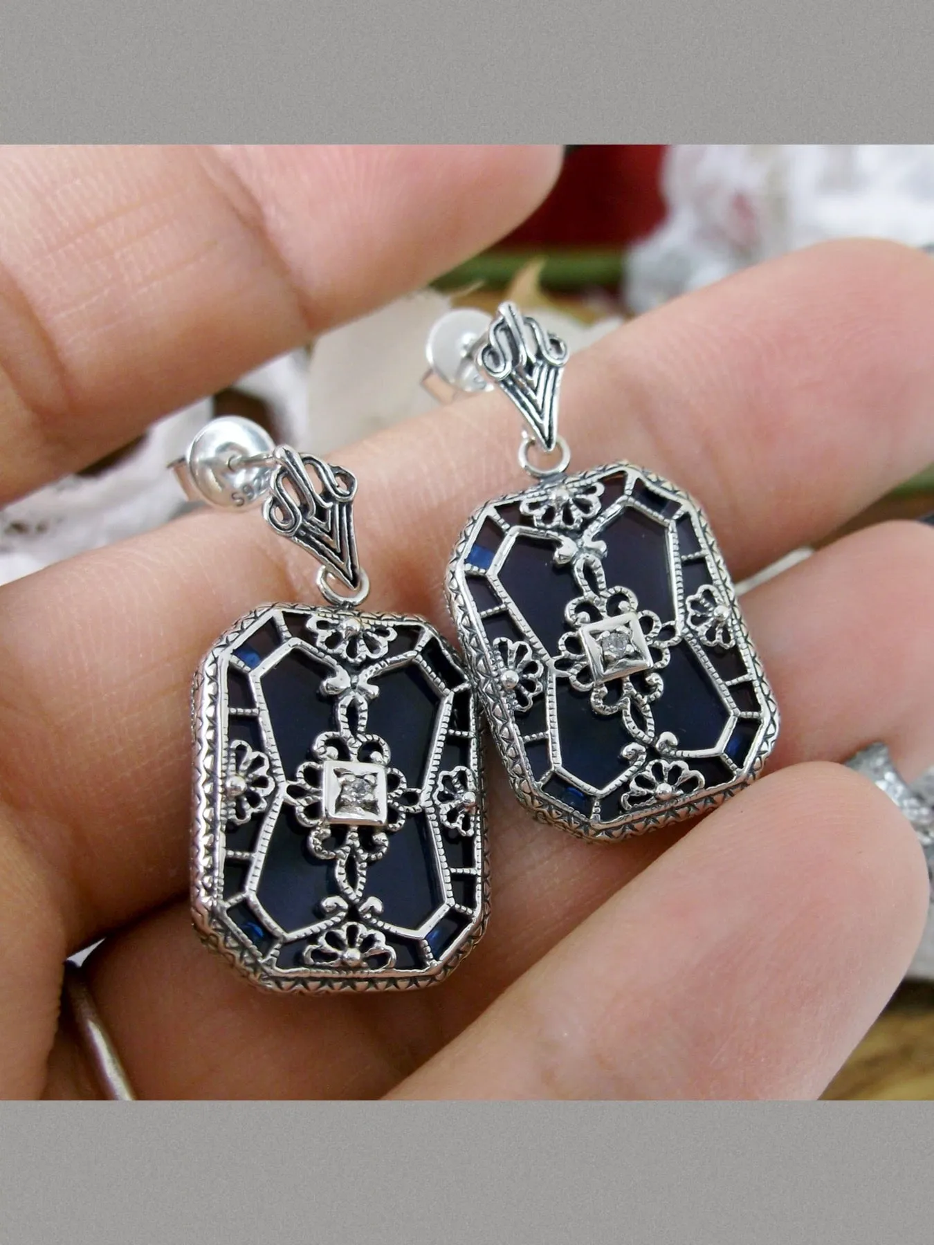 E203, Stained-Glass Earrings, Art Deco Earrings with Inset Gem, 1930's Revival Jewelry #E203