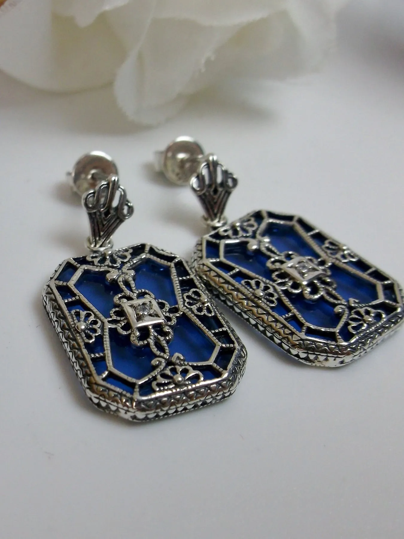 E203, Stained-Glass Earrings, Art Deco Earrings with Inset Gem, 1930's Revival Jewelry #E203
