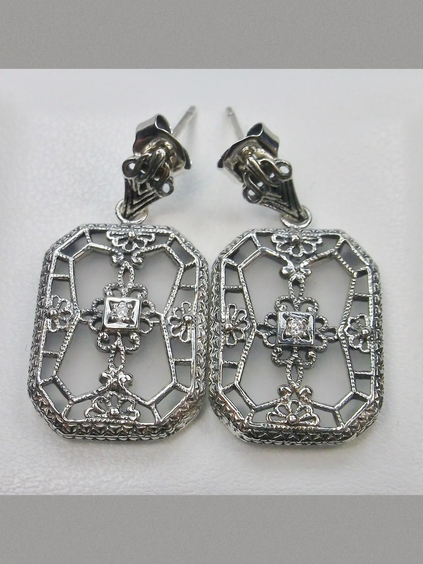 E203, Stained-Glass Earrings, Art Deco Earrings with Inset Gem, 1930's Revival Jewelry #E203