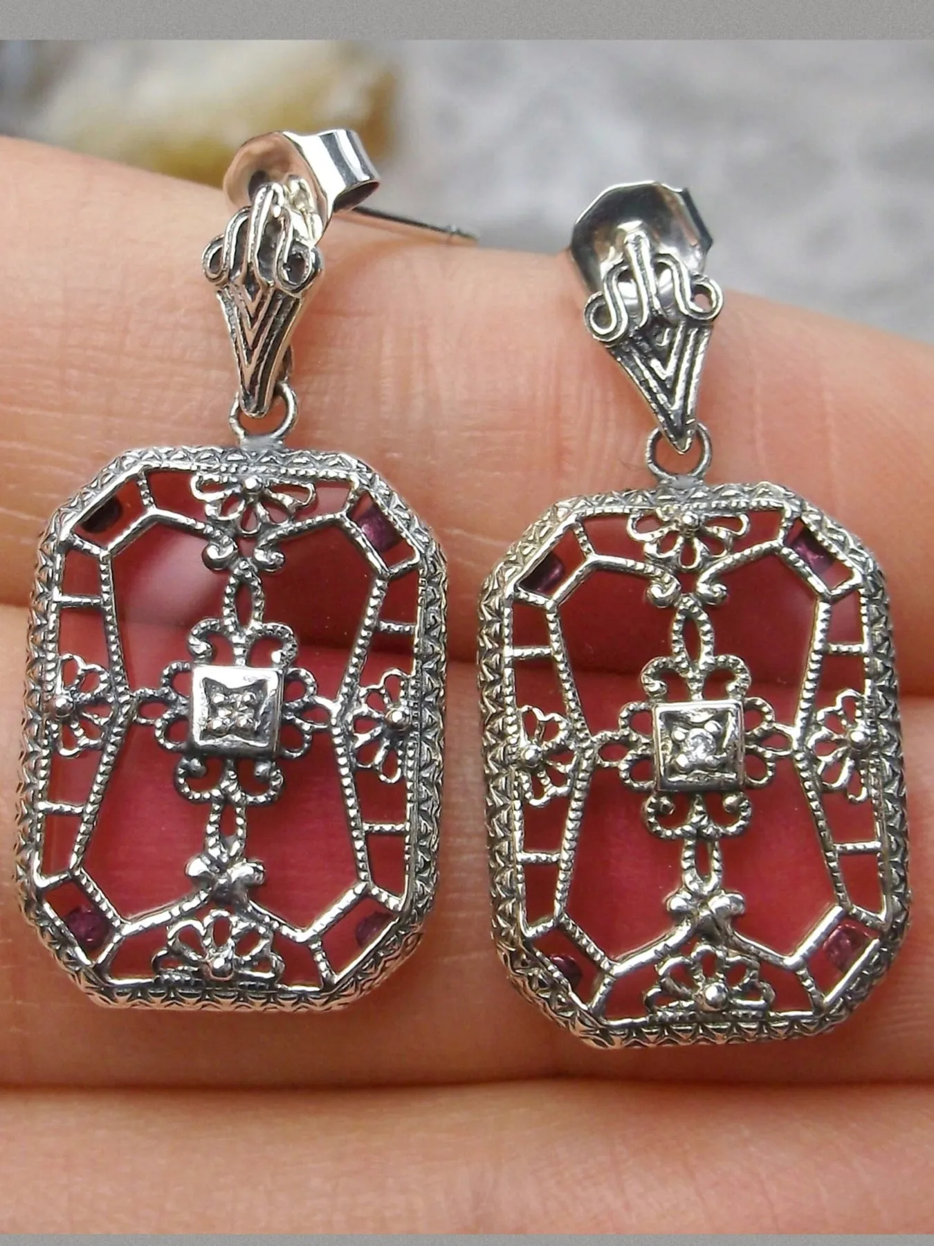 E203, Stained-Glass Earrings, Art Deco Earrings with Inset Gem, 1930's Revival Jewelry #E203