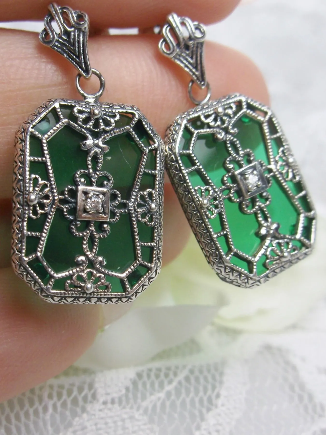 E203, Stained-Glass Earrings, Art Deco Earrings with Inset Gem, 1930's Revival Jewelry #E203