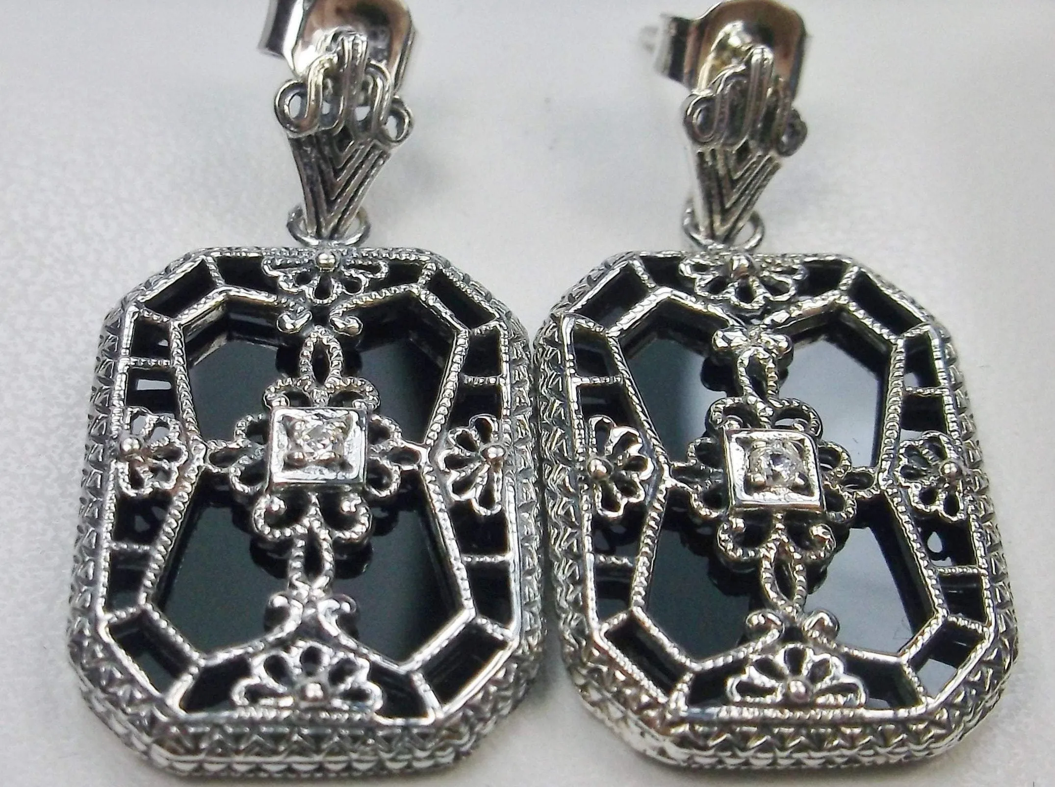E203, Stained-Glass Earrings, Art Deco Earrings with Inset Gem, 1930's Revival Jewelry #E203