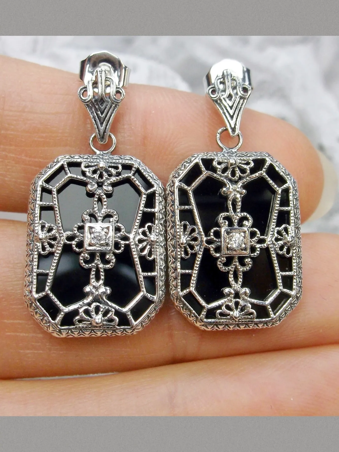 E203, Stained-Glass Earrings, Art Deco Earrings with Inset Gem, 1930's Revival Jewelry #E203