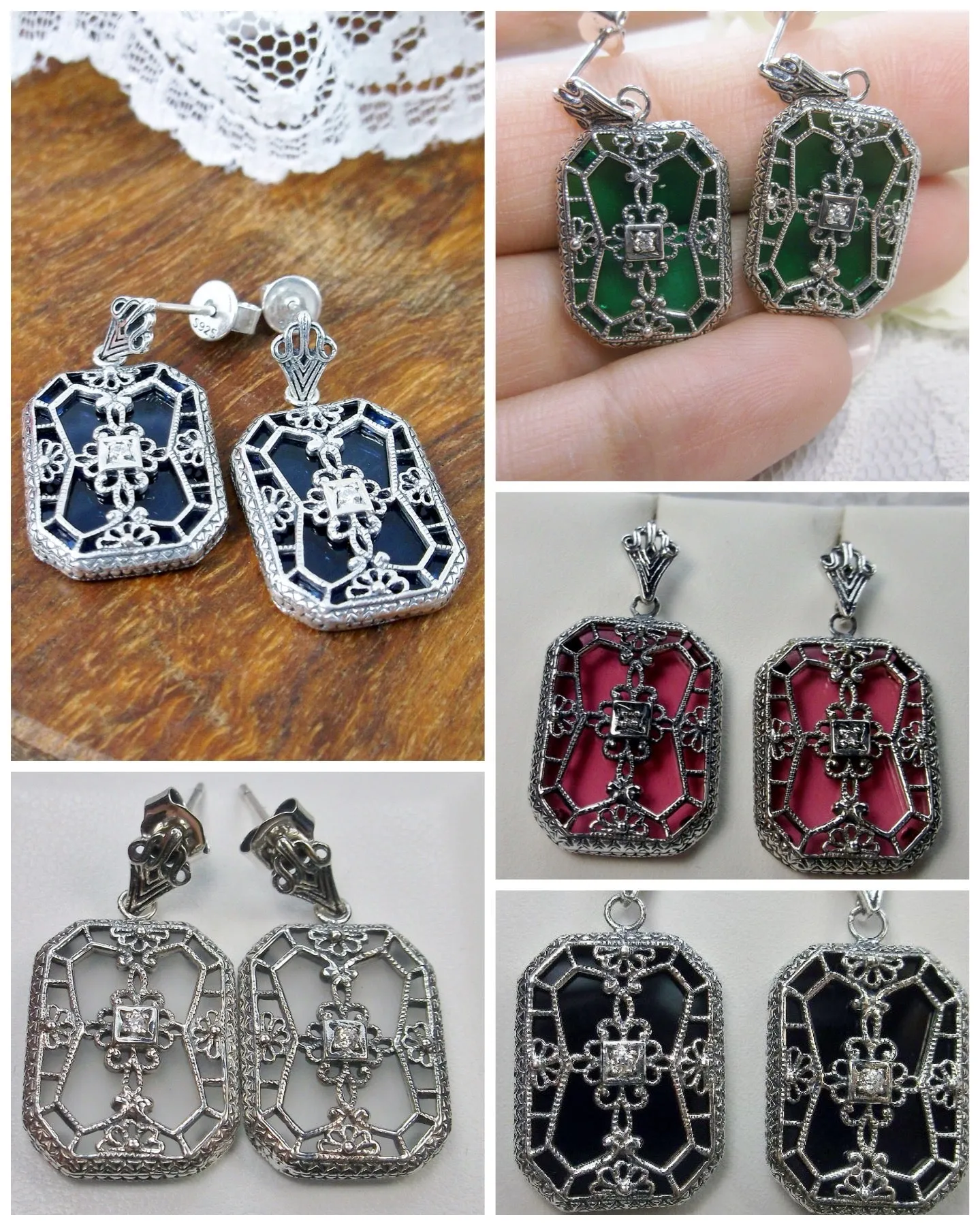 E203, Stained-Glass Earrings, Art Deco Earrings with Inset Gem, 1930's Revival Jewelry #E203