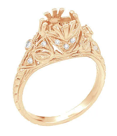 Edwardian Antique Style Filigree 3/4 - 1 Carat Round Diamond Engagement Ring Mounting in 14 Karat Rose ( Pink ) Gold