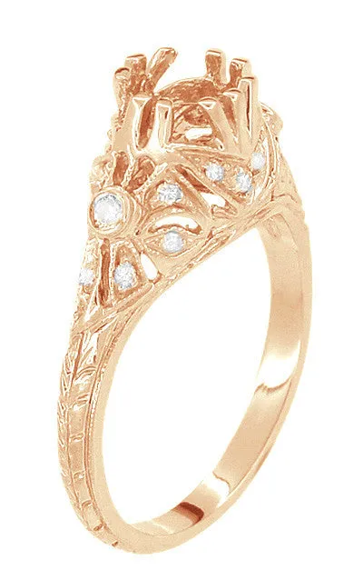Edwardian Antique Style Filigree 3/4 - 1 Carat Round Diamond Engagement Ring Mounting in 14 Karat Rose ( Pink ) Gold