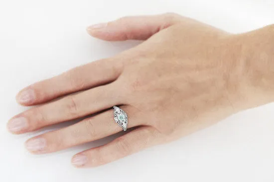 Edwardian Aquamarine and Diamonds Scroll Dome Filigree Engagement Ring in 14 Karat White Gold