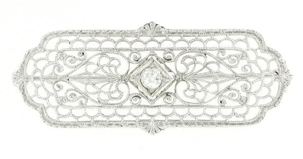 Edwardian Diamond Set Filigree Brooch in 10 Karat White Gold