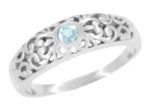 Edwardian Filigree Aquamarine Ring in 14 Karat White Gold