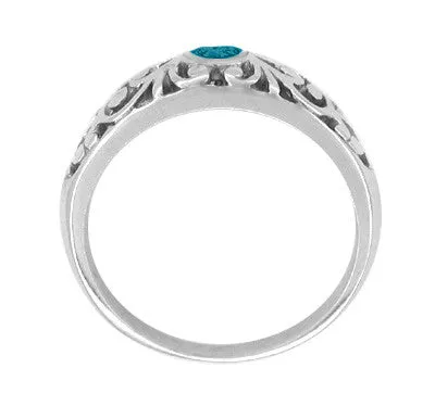Edwardian Filigree Blue Diamond Ring in 14 Karat White Gold