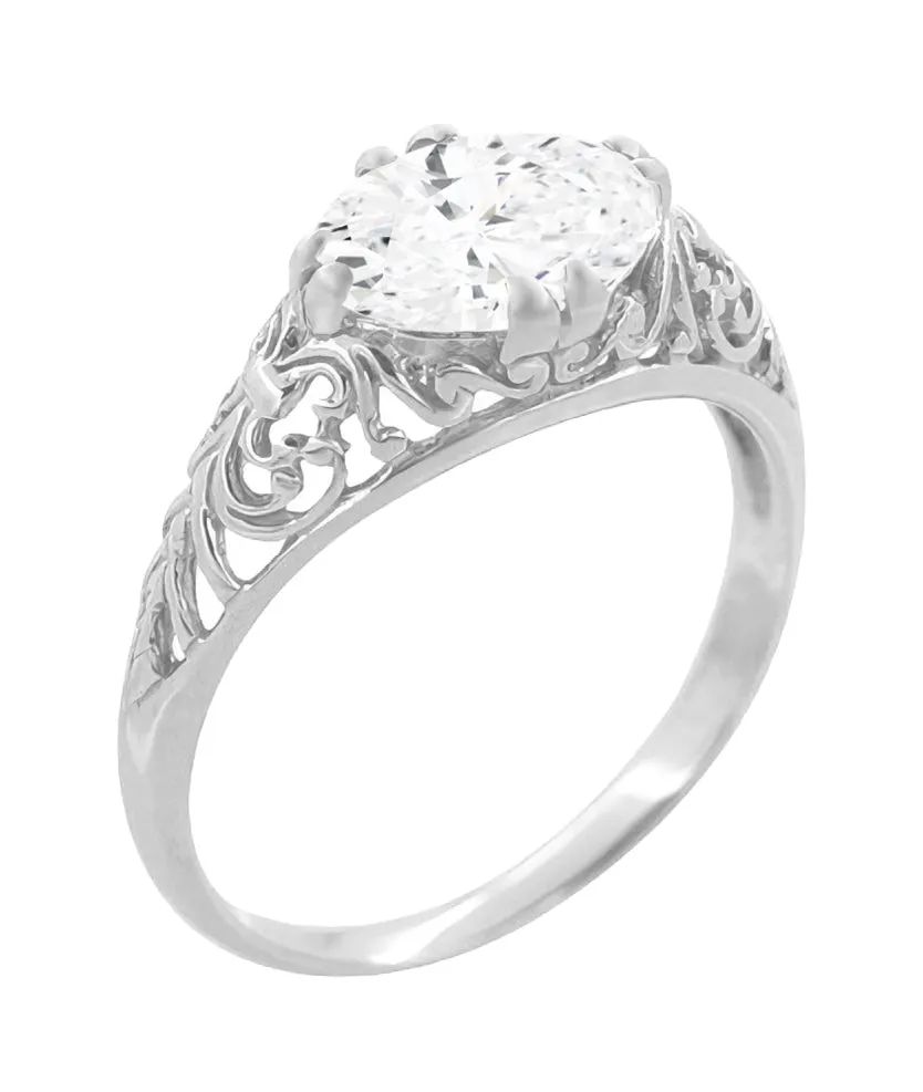 Edwardian Filigree East West Oval Diamond Engagement Ring in 14 Karat White Gold - 1.10 Carat
