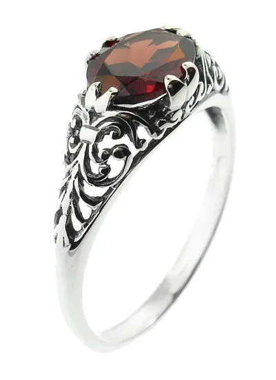 Edwardian Filigree Oval Almandine Garnet Promise Ring in Sterling Silver