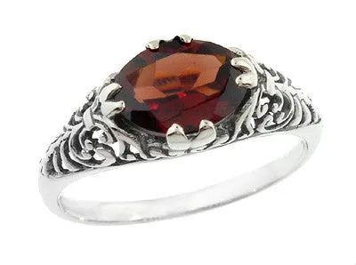 Edwardian Filigree Oval Almandine Garnet Promise Ring in Sterling Silver
