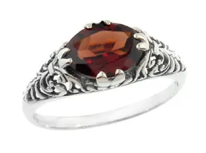 Edwardian Filigree Oval Almandine Garnet Promise Ring in Sterling Silver