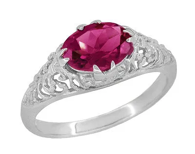 Edwardian Oval Rubellite Tourmaline Filigree East West Ring in 14 Karat White Gold