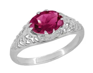Edwardian Oval Rubellite Tourmaline Filigree East West Ring in 14 Karat White Gold
