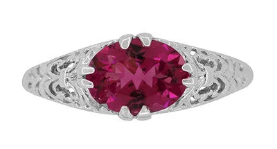 Edwardian Oval Rubellite Tourmaline Filigree East West Ring in 14 Karat White Gold