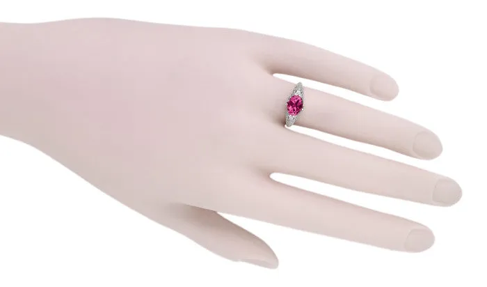 Edwardian Oval Rubellite Tourmaline Filigree East West Ring in 14 Karat White Gold