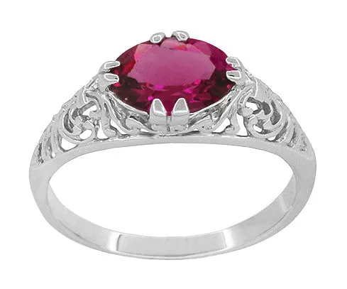 Edwardian Oval Rubellite Tourmaline Filigree East West Ring in 14 Karat White Gold