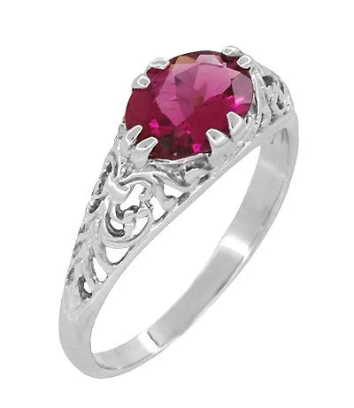 Edwardian Oval Rubellite Tourmaline Filigree East West Ring in 14 Karat White Gold
